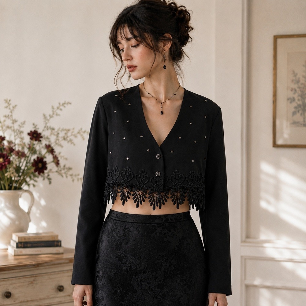 Vintage 90s R&M Richards by Karen Kwong Black Cropped Jacket Sz 12 Lace Studded